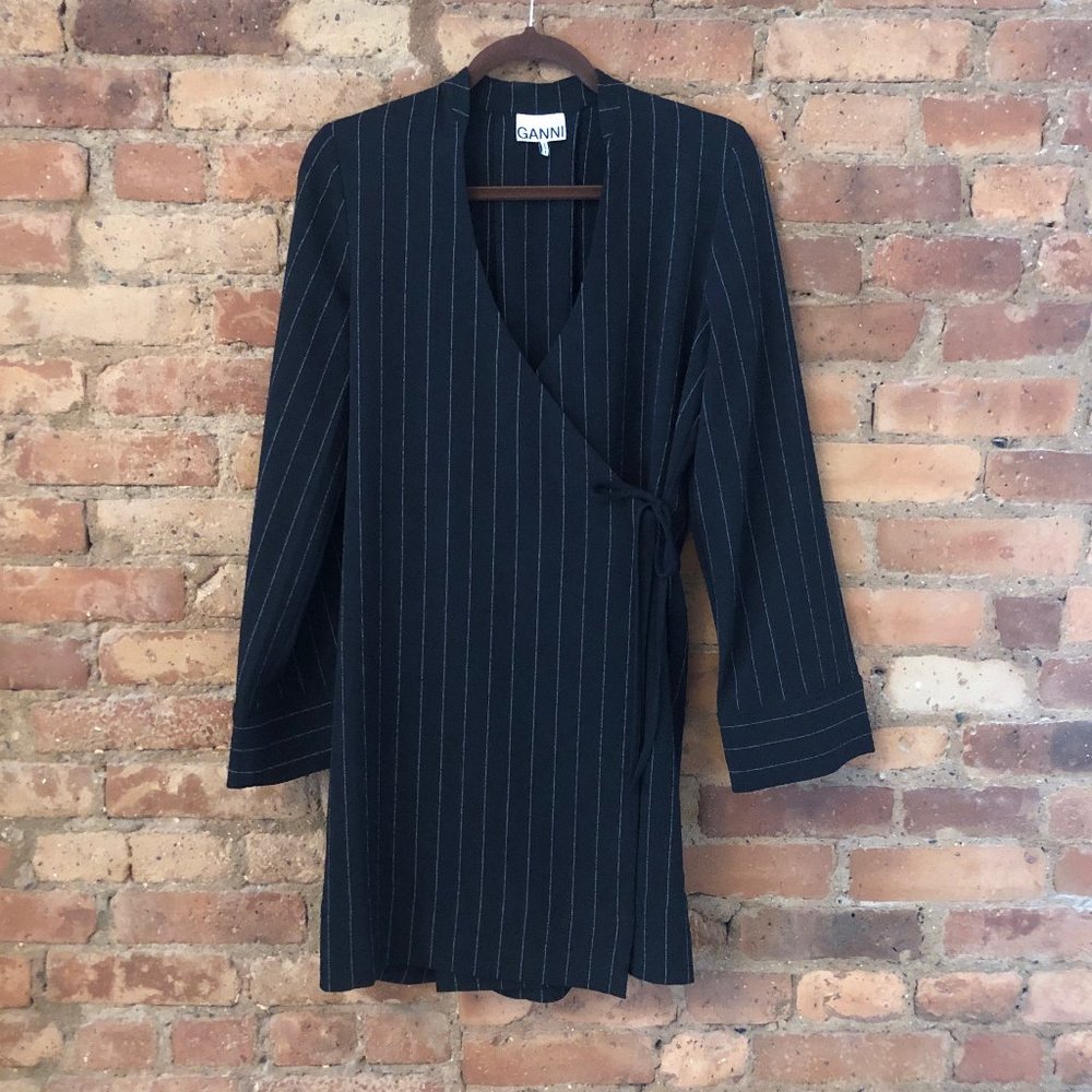 GANNI Pinstriped crepe mini wrap dress